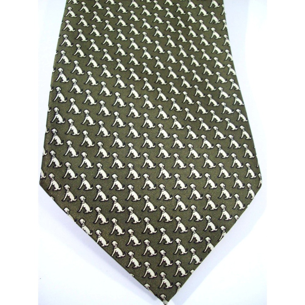 Men's Rene Chagal Silk Neck Tie, Olive Green, Dogs